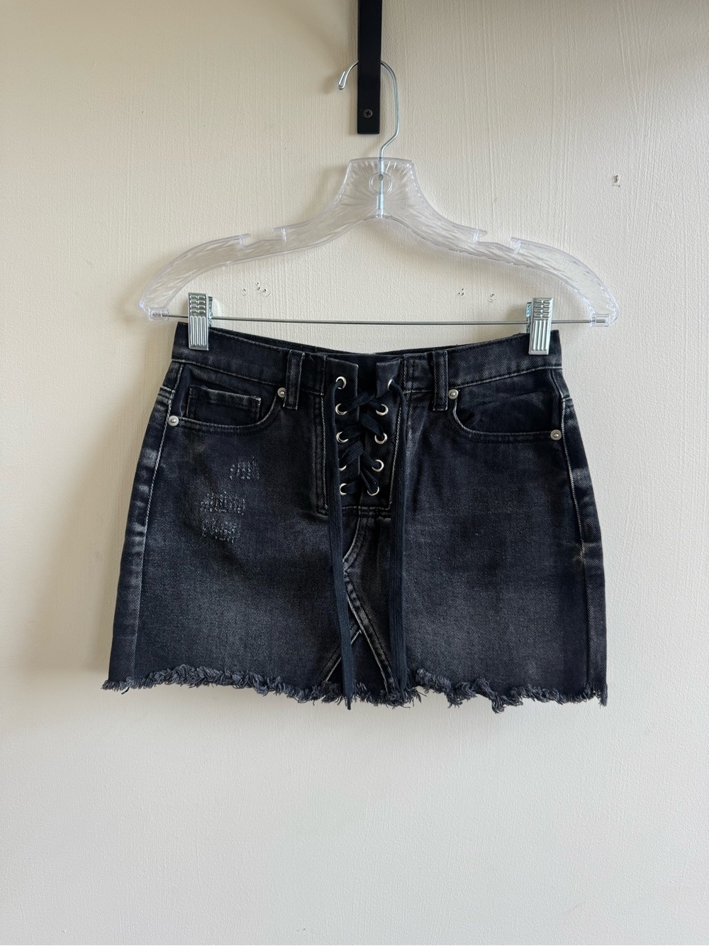 Black Lace-Up Distressed Denim Mini Skirt